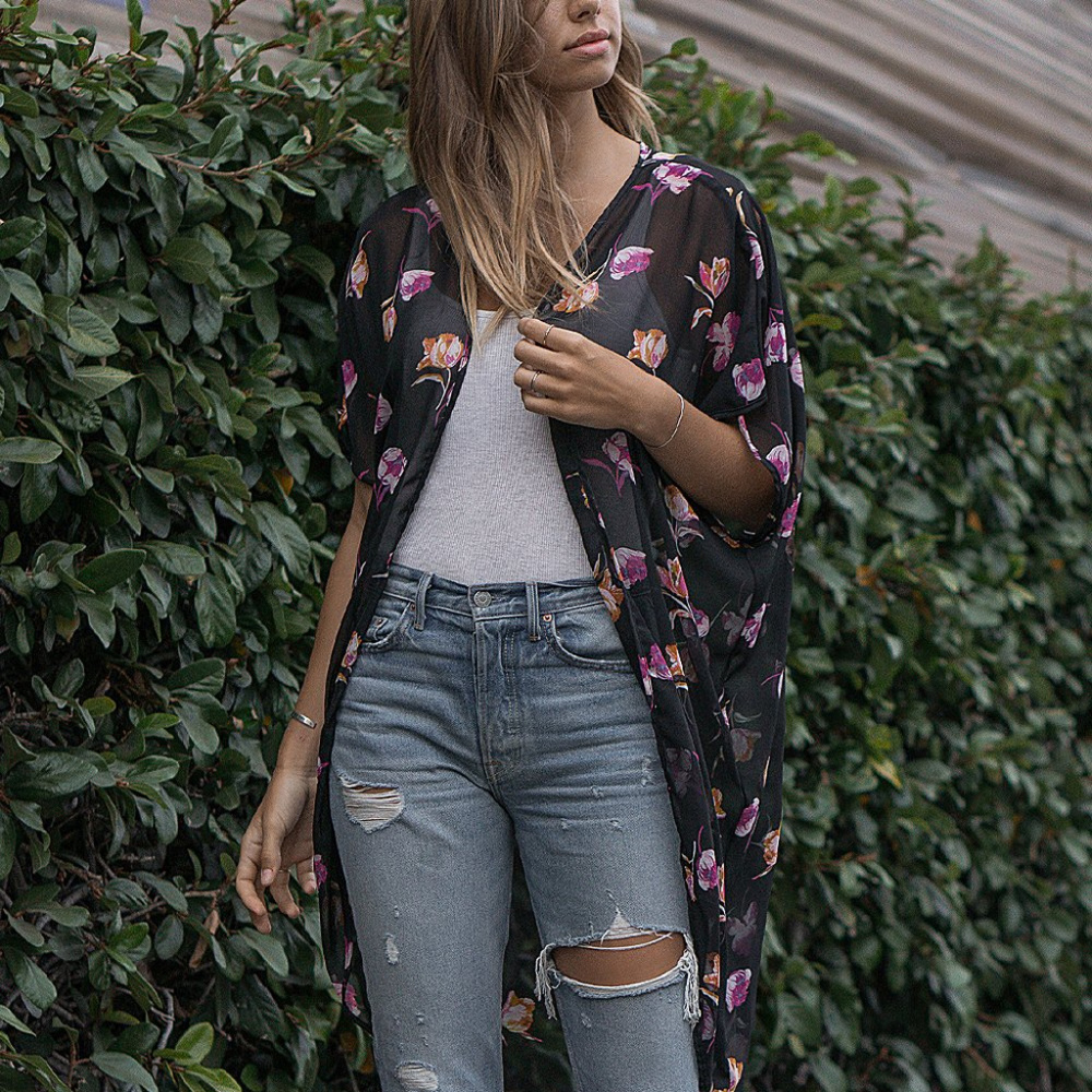 Black & Lipstick Floral Chiffon Cocoon Cardigan
